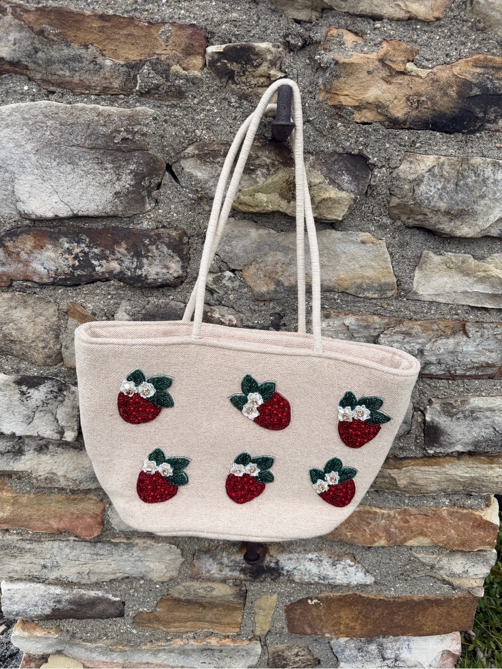 Strawberry beaded tote bag satchel